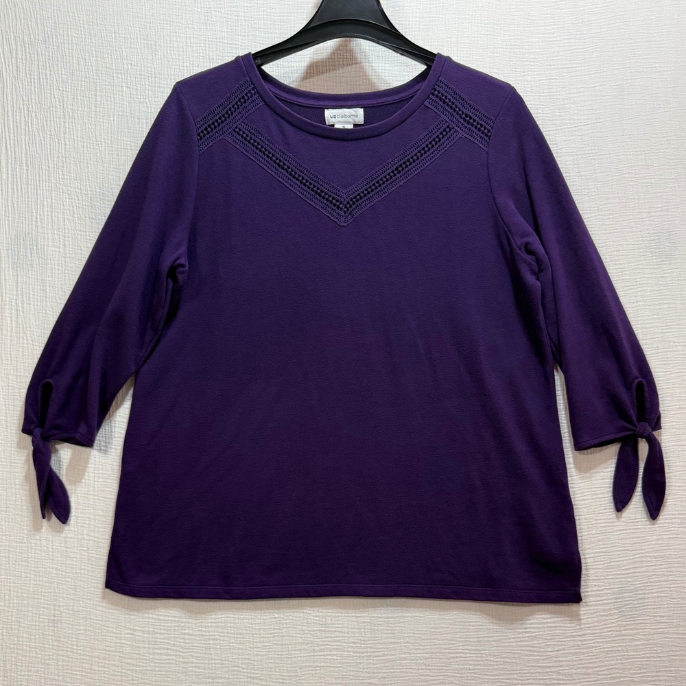 Liz Claiborne Crochet Trim Top Womens XL Purple Tie Sleeve Pullover Knit Modest